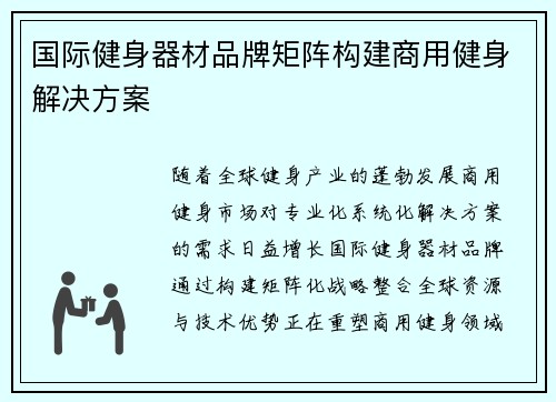 国际健身器材品牌矩阵构建商用健身解决方案