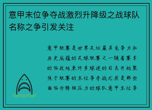 意甲末位争夺战激烈升降级之战球队名称之争引发关注