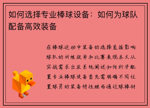 如何选择专业棒球设备：如何为球队配备高效装备